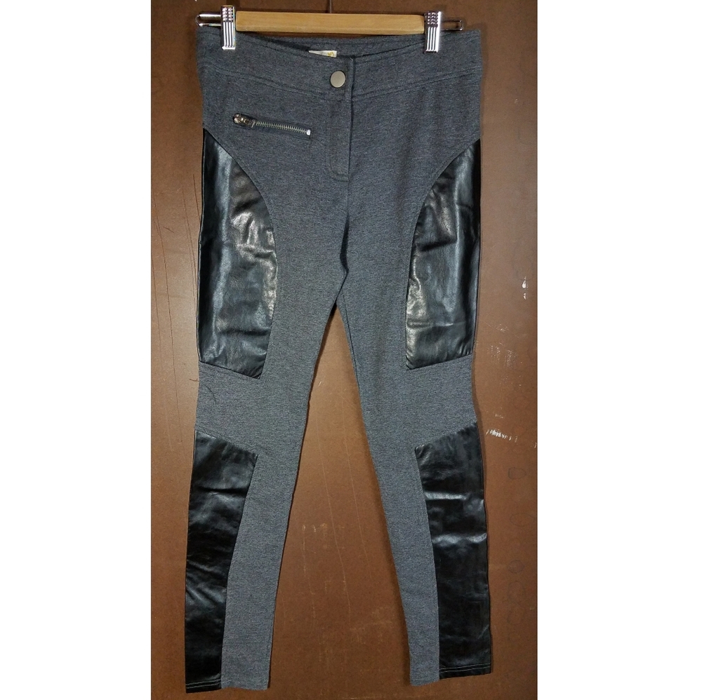 Gray Leggings Pants with Faux Leather